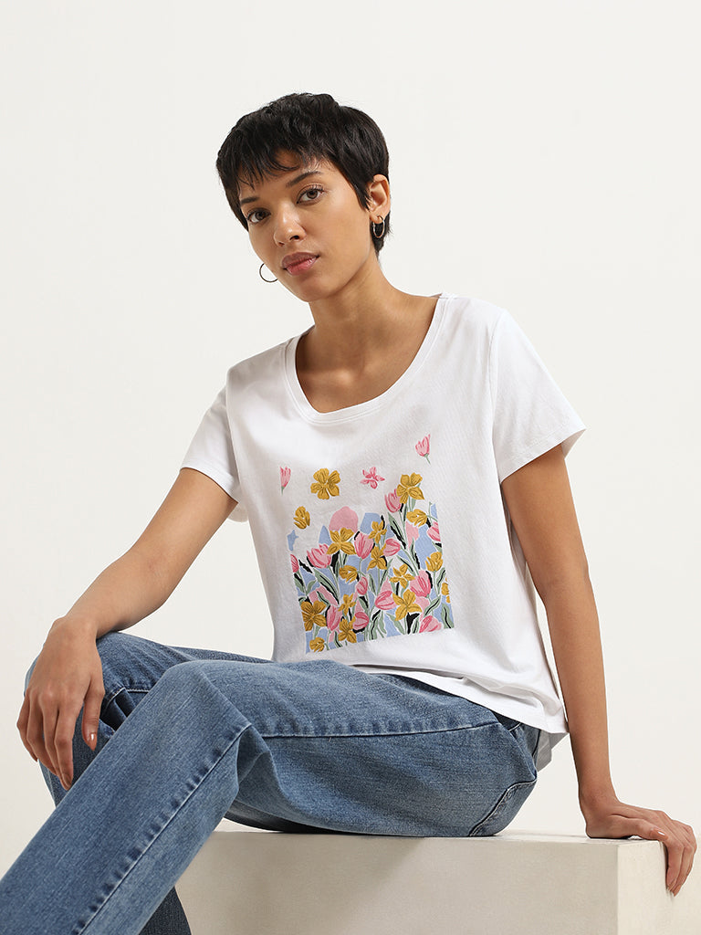 LOV White Floral Printed Cotton T-Shirt