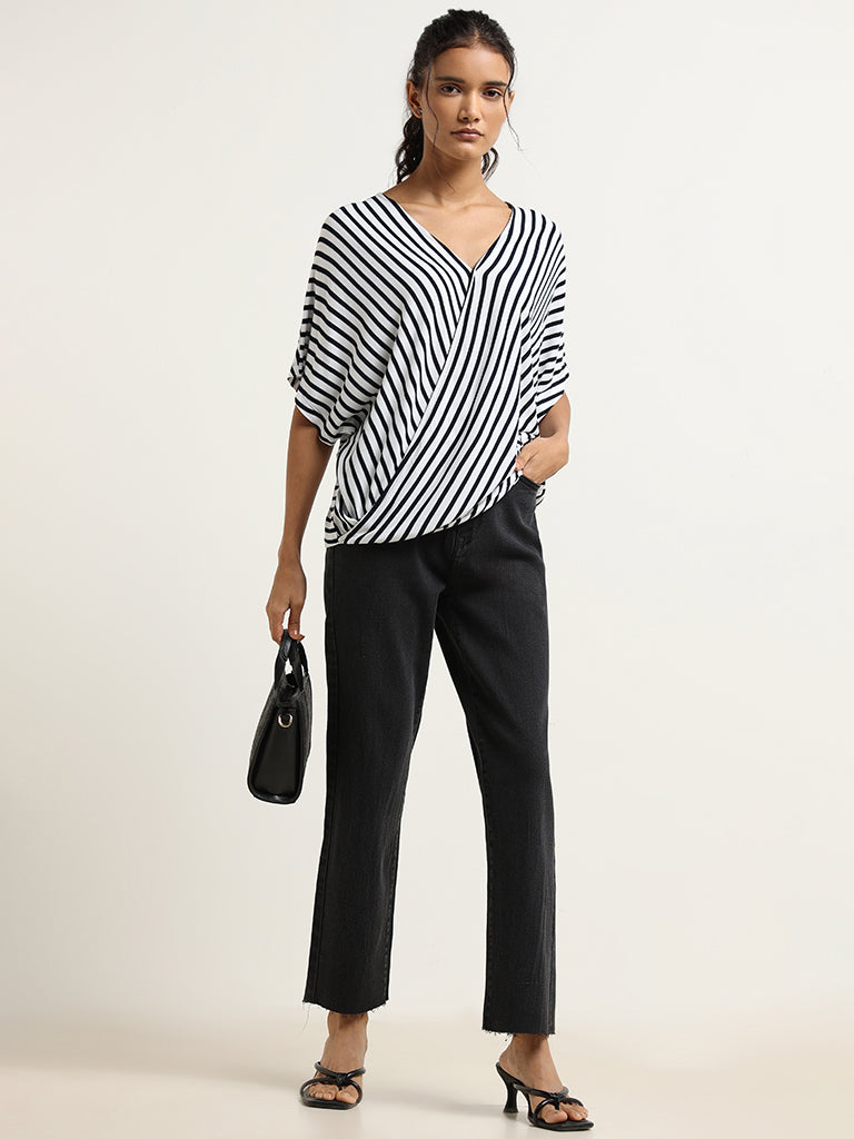 LOV Navy Monochrome Striped Top