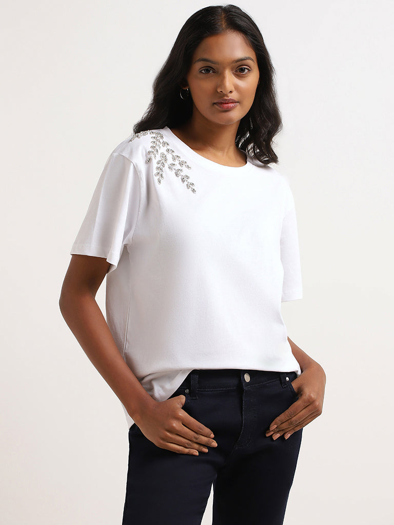 LOV White Embellished Cotton T-Shirt