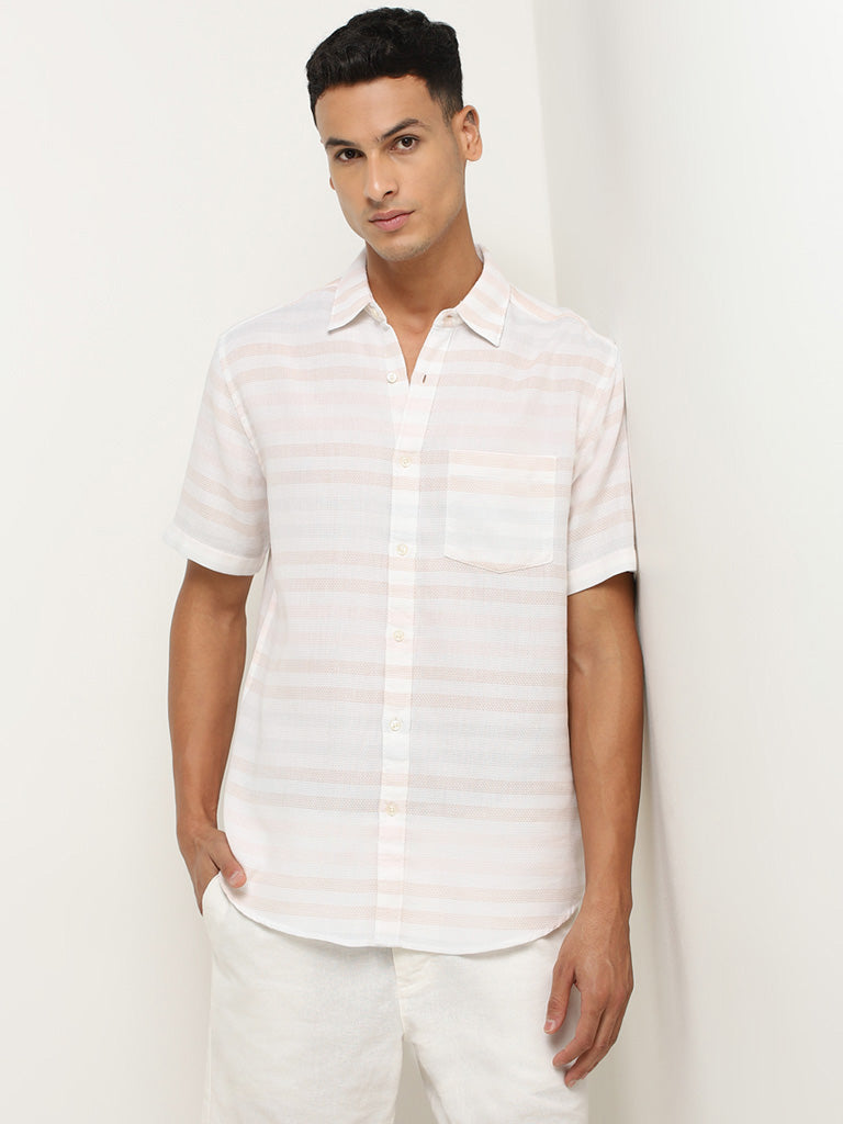 WES Casuals Light Pink Striped Cotton Relaxed Fit Shirt