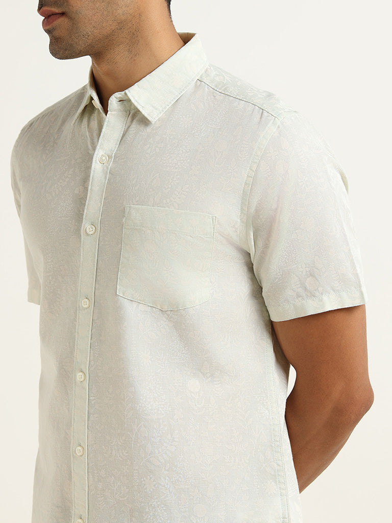 WES Casuals Light Sage Slim Fit Floral Print Cotton Blend Shirt