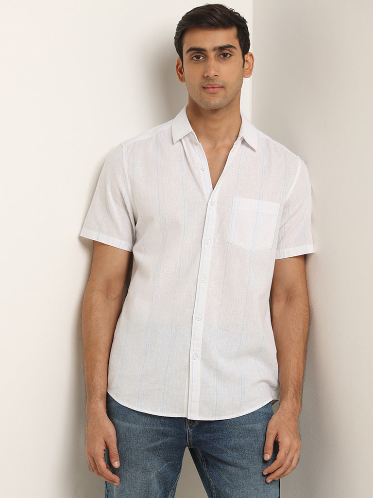 WES Casuals White Striped Slim Fit Blended Linen Shirt