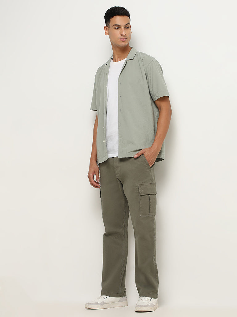 WES Casuals Light Sage Seersucker Cotton Relaxed Fit Shirt