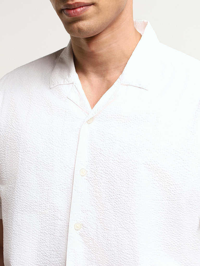 WES Casuals Self White Cotton Relaxed Fit Shirt