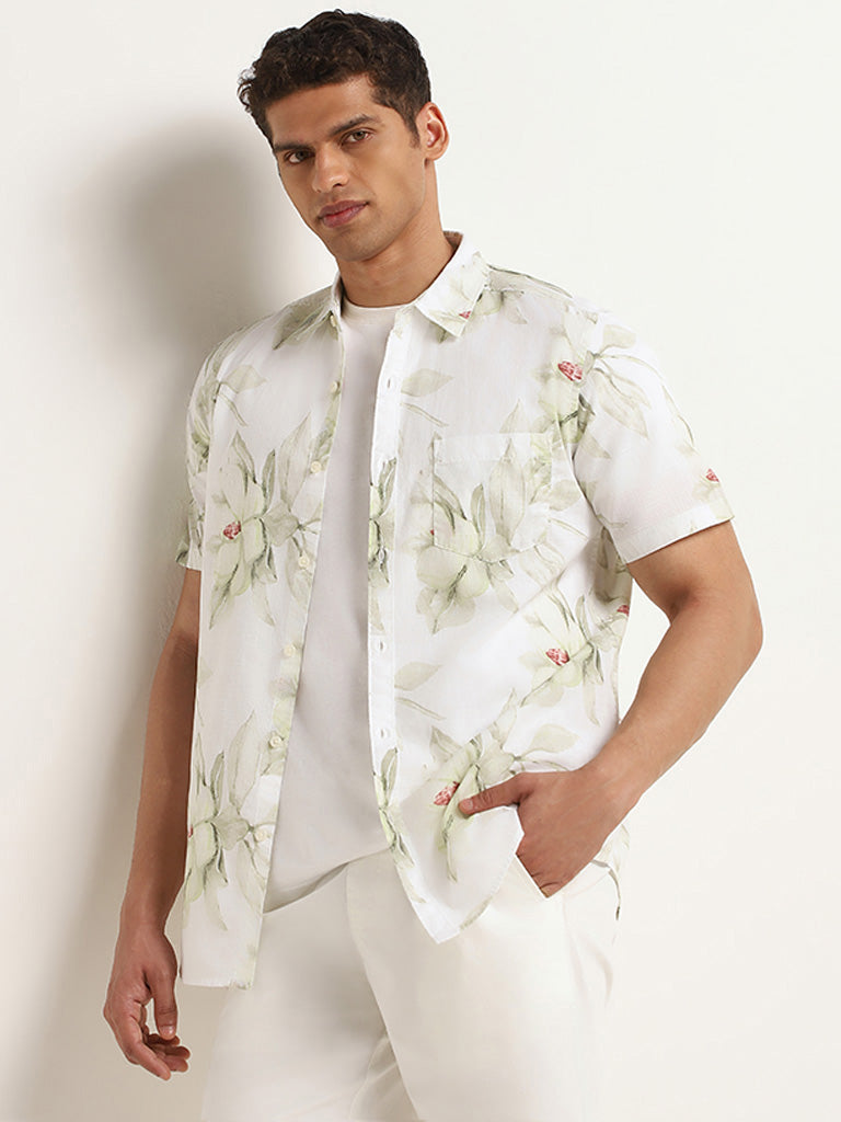 WES Casuals White Floral Print Cotton Slim Fit Shirt