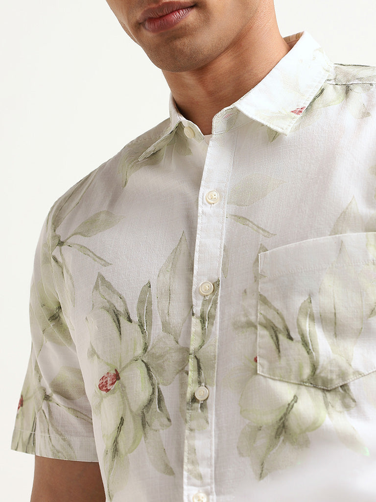 WES Casuals White Floral Print Cotton Slim Fit Shirt