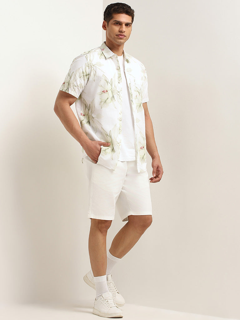 WES Casuals White Floral Print Cotton Slim Fit Shirt