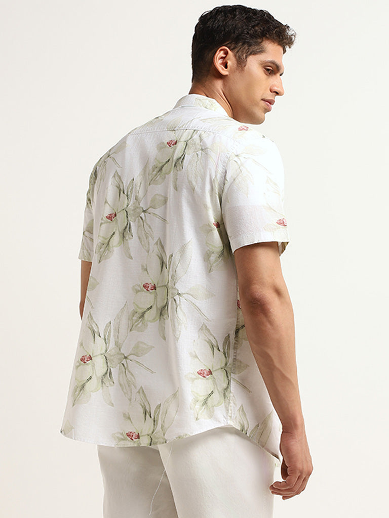 WES Casuals White Floral Print Cotton Slim Fit Shirt