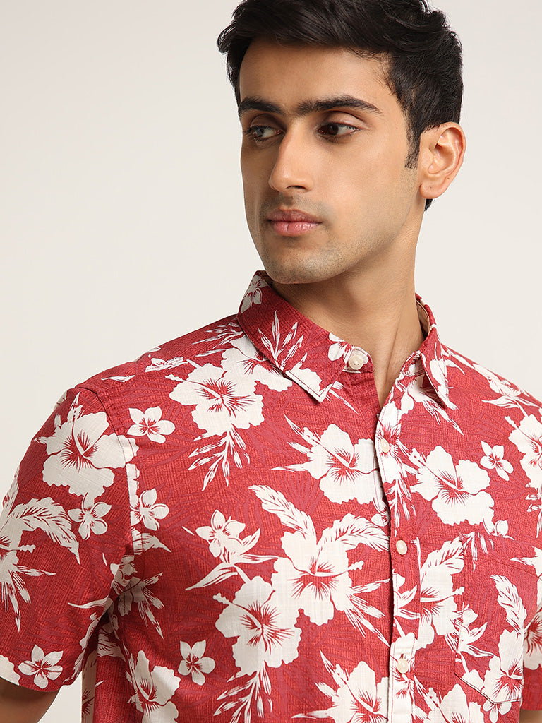 WES Casuals Red Floral Slim Fit Printed Cotton Shirt