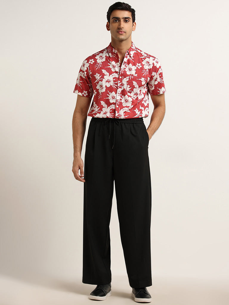 WES Casuals Red Floral Slim Fit Printed Cotton Shirt