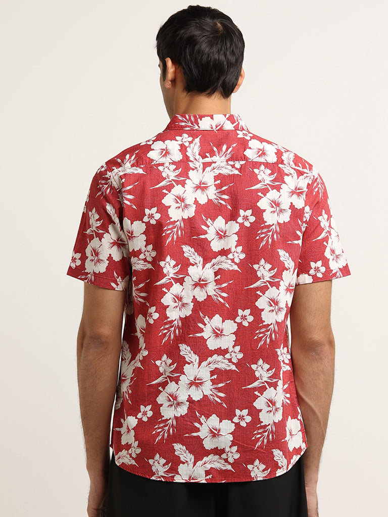 WES Casuals Red Floral Slim Fit Printed Cotton Shirt