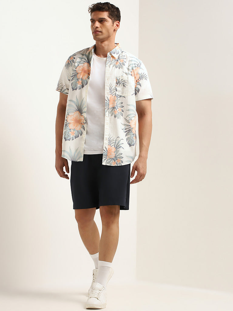 WES Casuals Off-White Floral Print Cotton Slim Fit Shirt