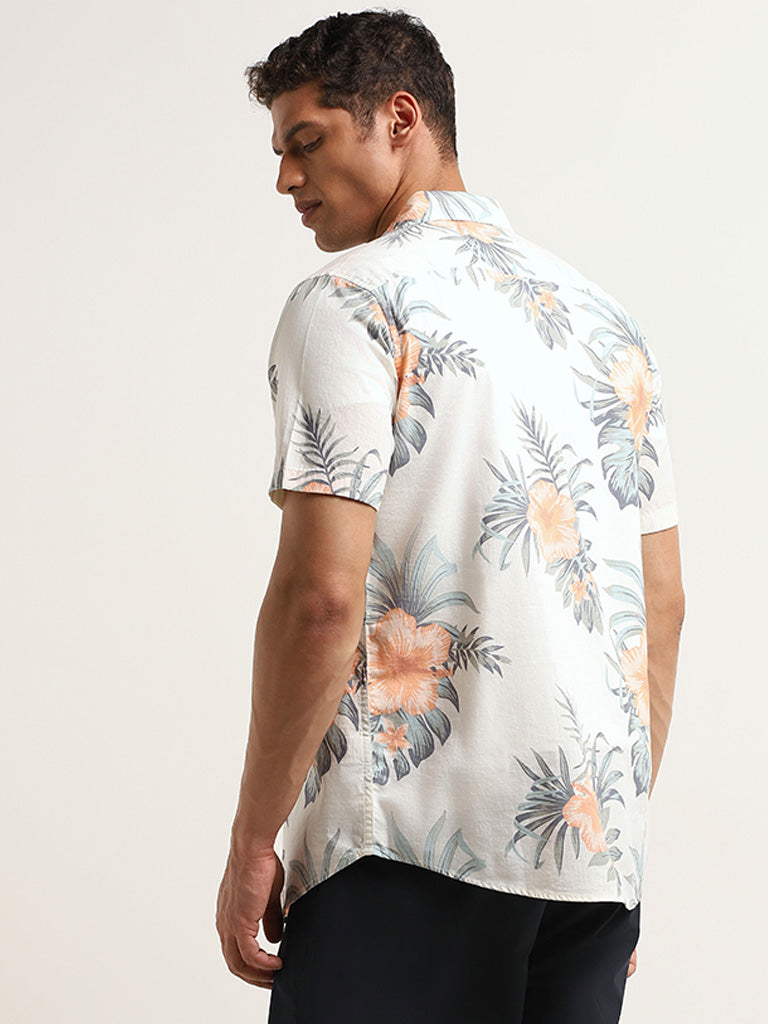 WES Casuals Off-White Floral Print Cotton Slim Fit Shirt