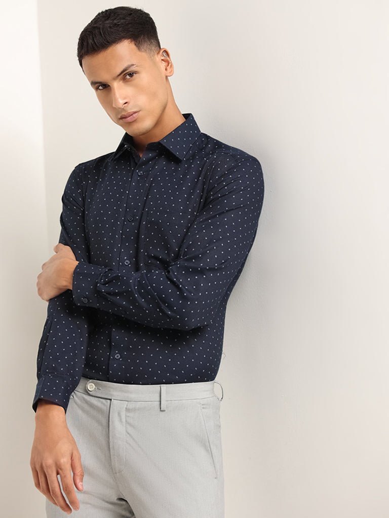 WES Formals Navy Printed Relaxed Fit Shirt