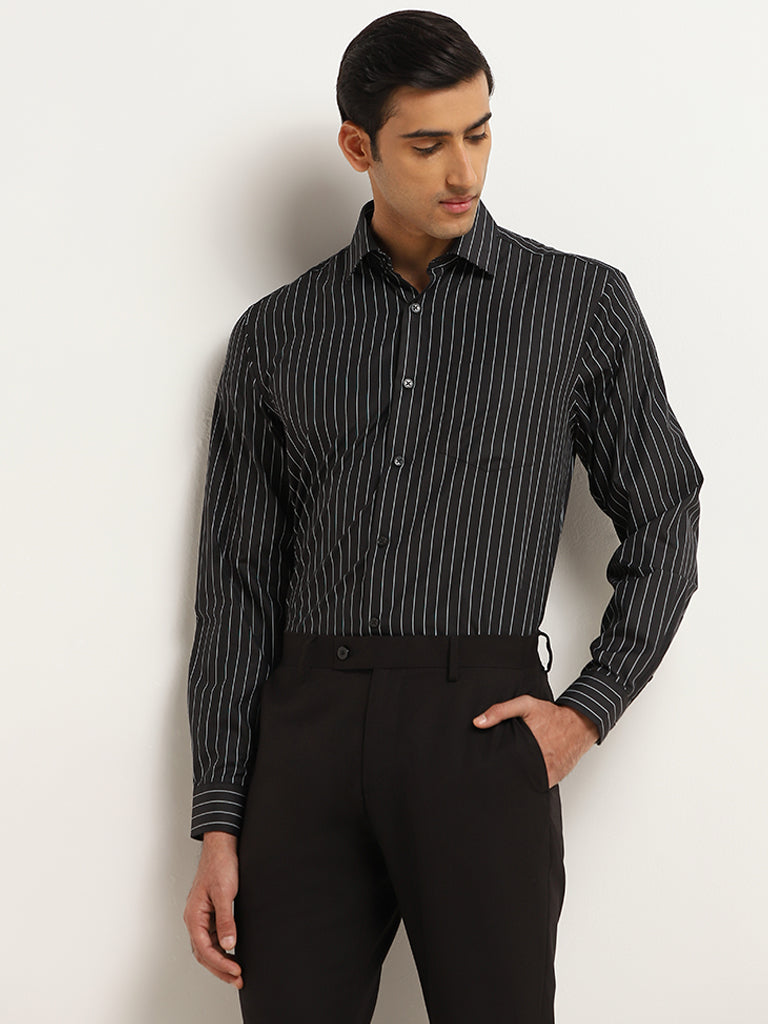 WES Formals Black Striped Relaxed Fit Shirt