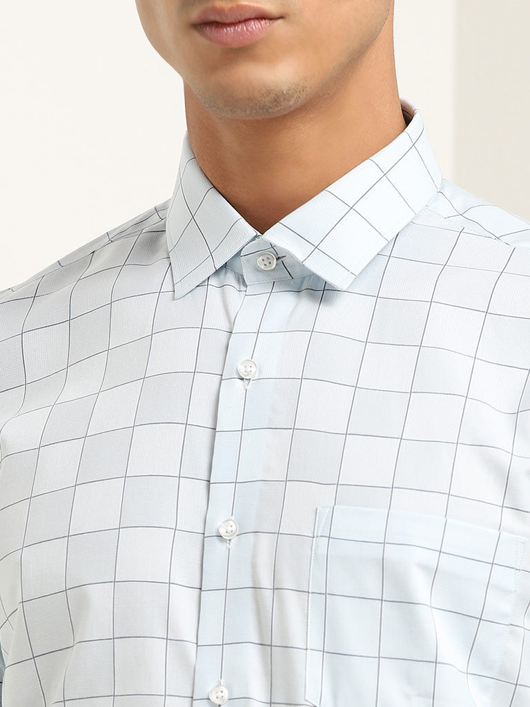 WES Formals Light Blue Checkered Cotton Blend Slim Fit Shirt