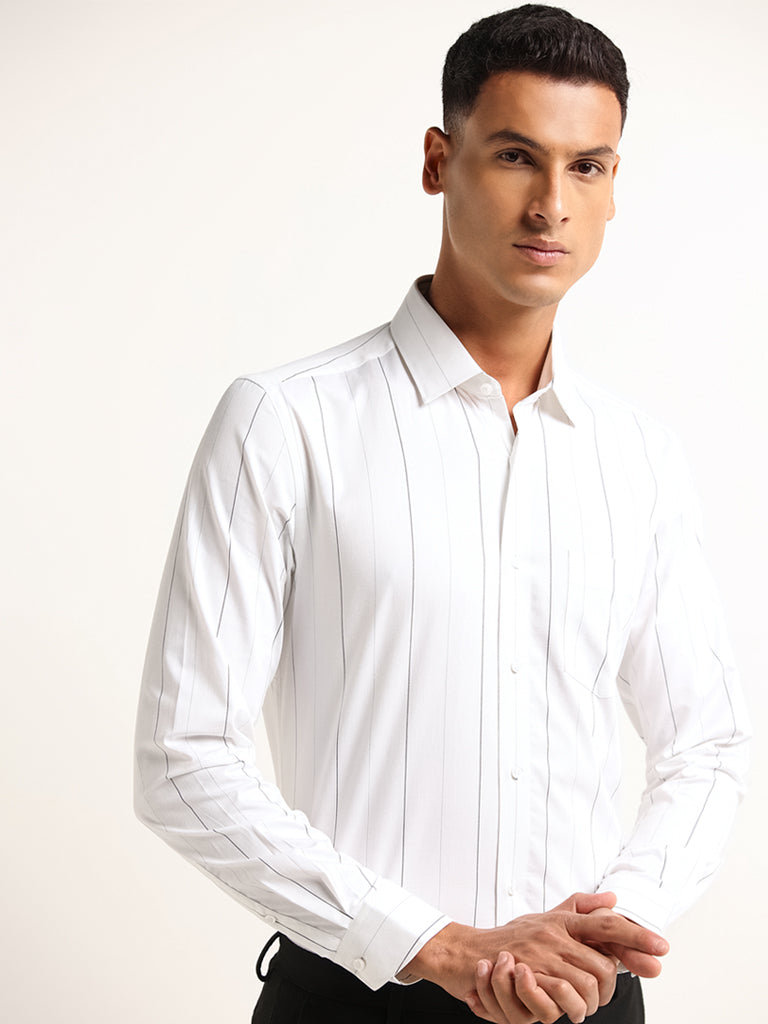 WES Formals White Striped Cotton Slim Fit Shirt