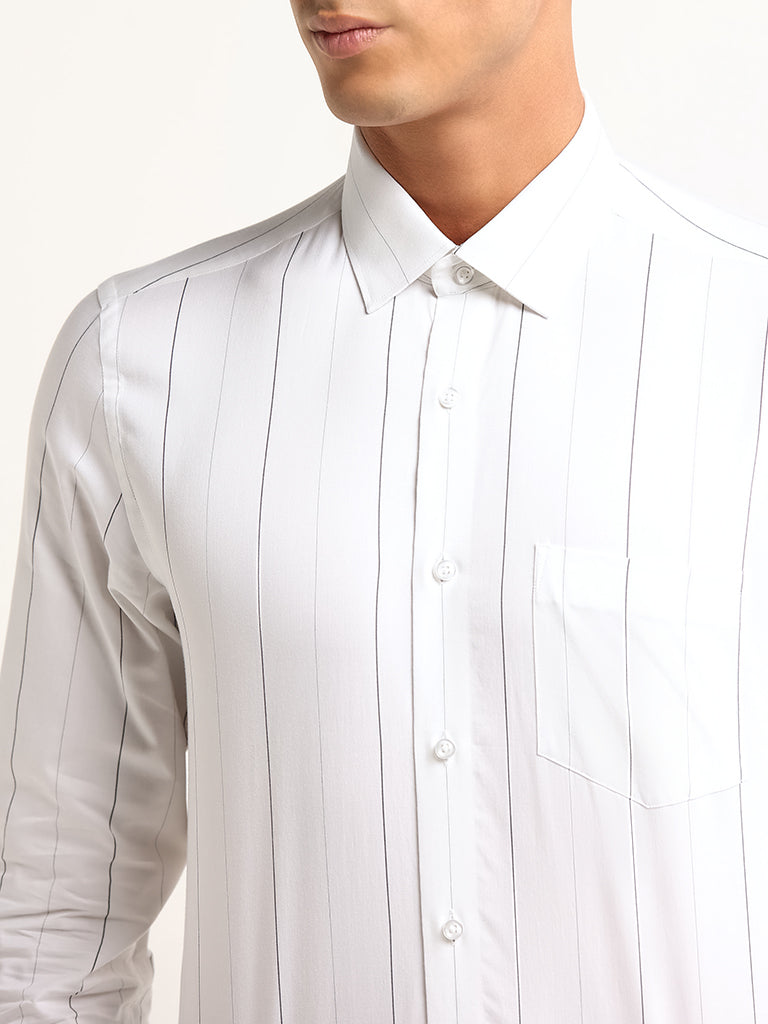 WES Formals White Striped Cotton Slim Fit Shirt