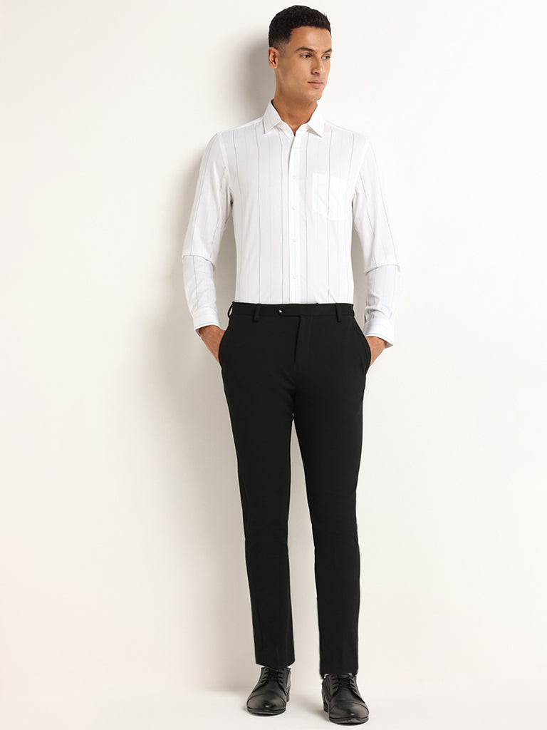 WES Formals White Striped Cotton Slim Fit Shirt