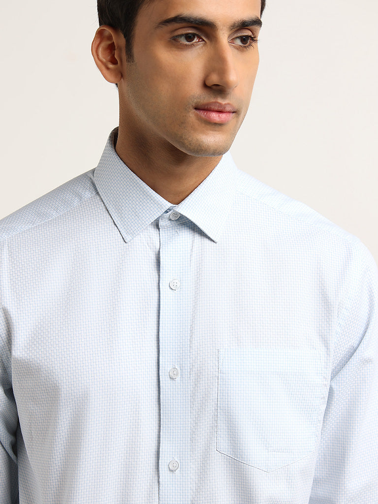 WES Formals Light Blue Checkered Print Cotton Relaxed Fit Shirt