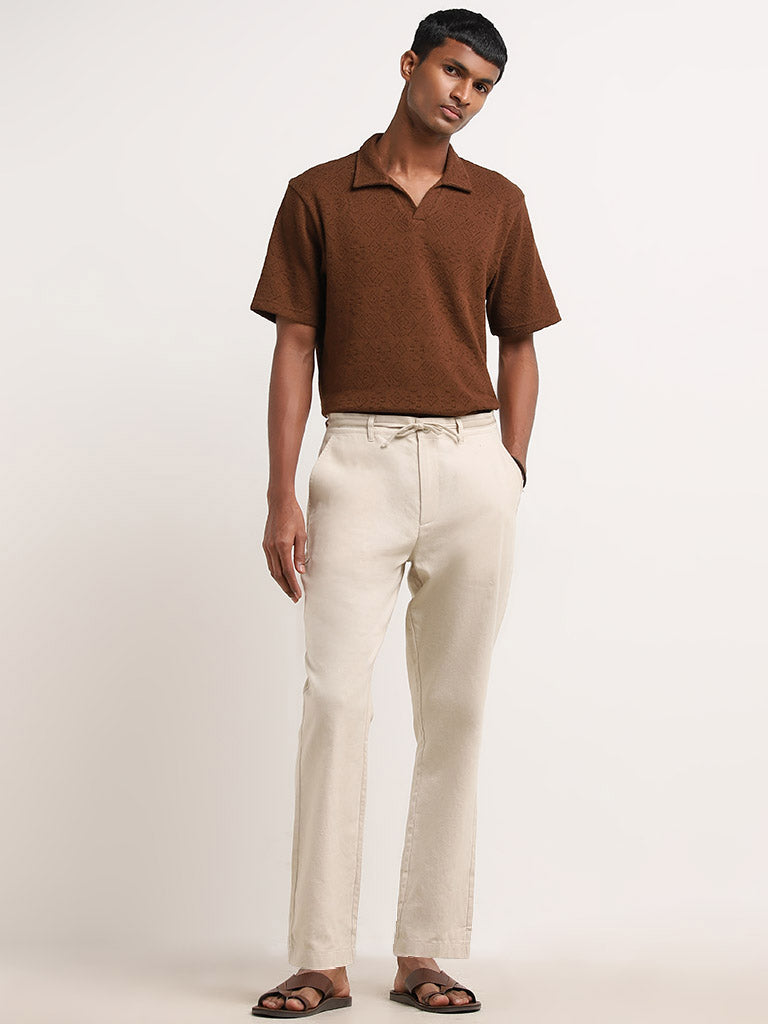 ETA Beige Cotton Blend Relaxed-Fit Mid-Rise Trousers