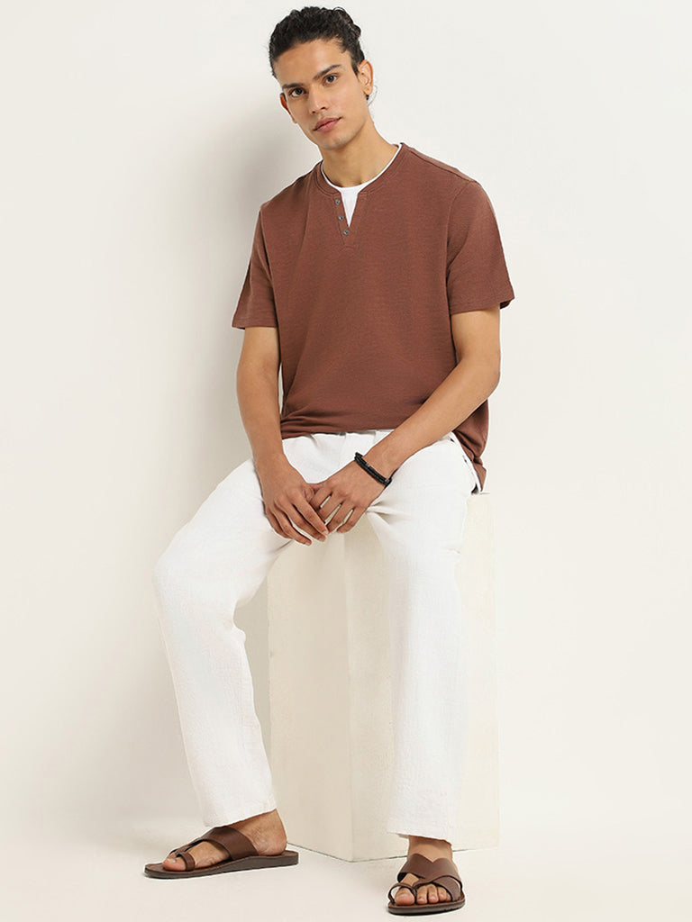 ETA Brown Henley Cotton Slim Fit T-Shirt