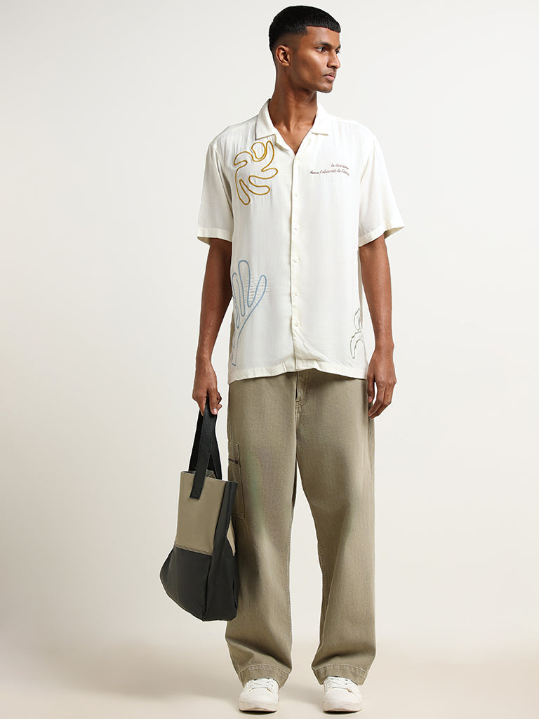 Nuon Off-White Embroidered Cotton Relaxed Fit Shirt