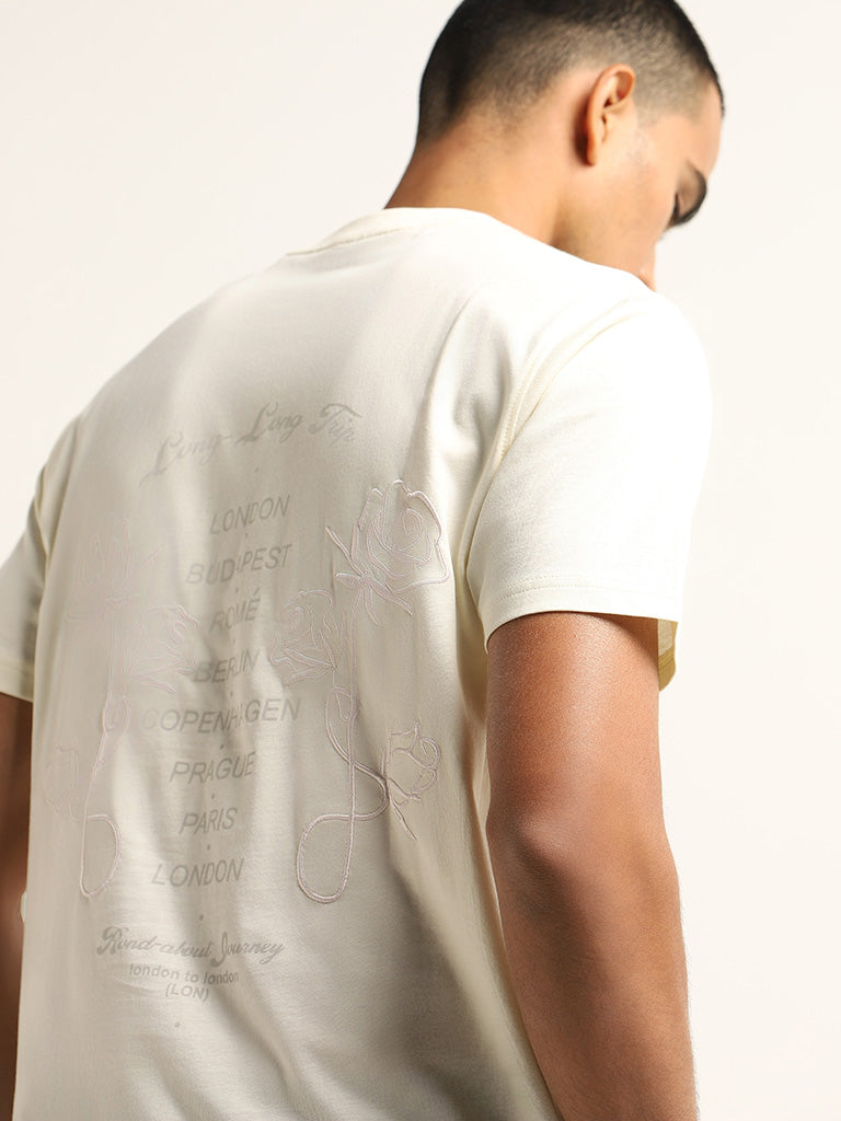 Nuon Cream Printed Cotton Slim Fit T-Shirt