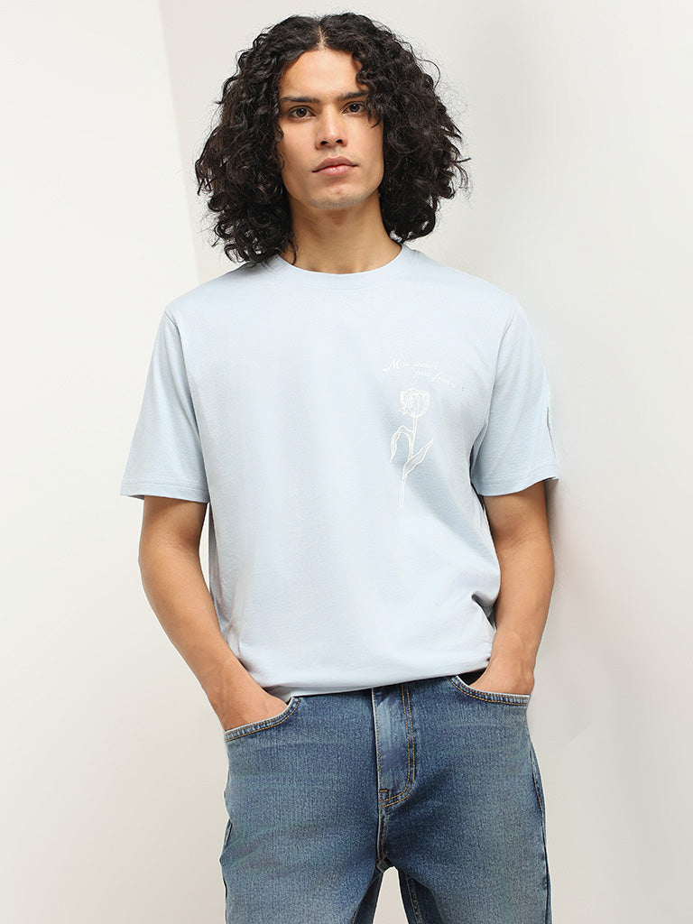 Nuon Light Blue Printed Cotton Slim Fit T-Shirt