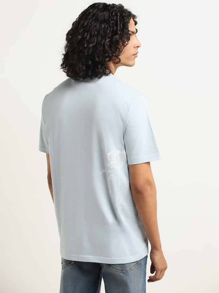 Nuon Light Blue Printed Cotton Slim Fit T-Shirt