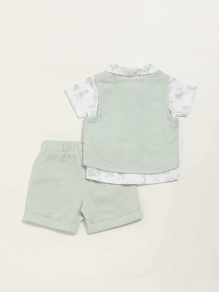 HOP Baby Green Printed Shirt, Waistcoat & Shorts Set