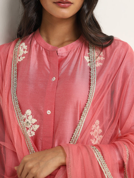 Vark Pink Floral A-Line Kurta, Mid-Rise Ethnic Pants and Dupatta Set