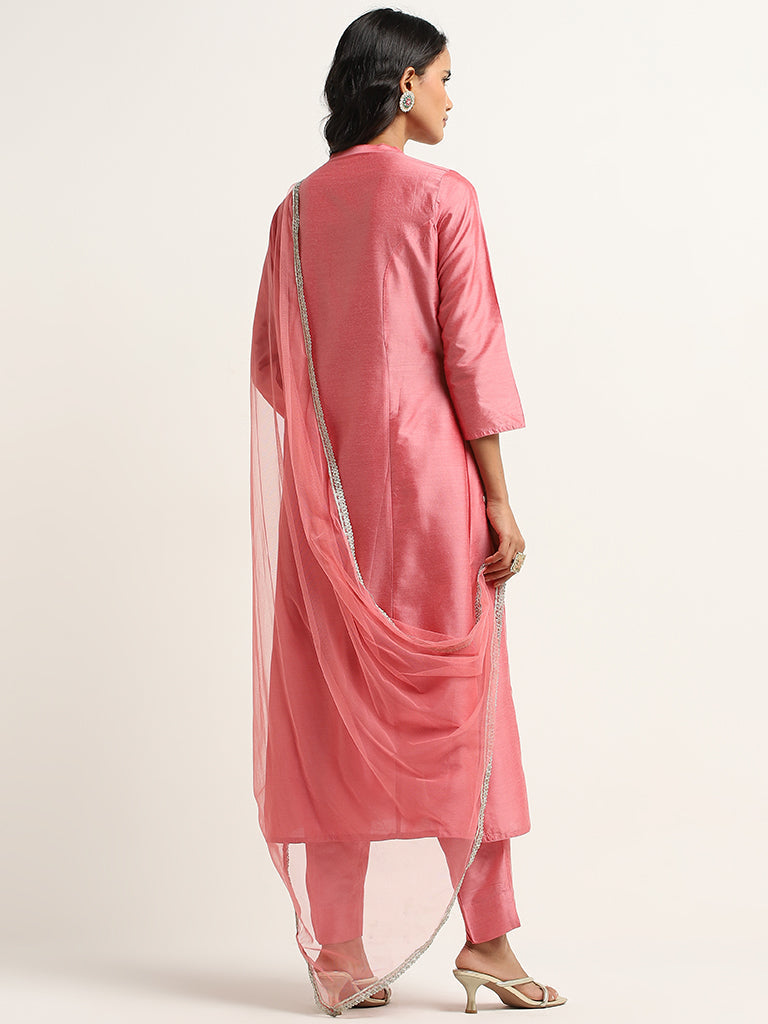 Vark Pink Floral A-Line Kurta, Mid-Rise Ethnic Pants and Dupatta Set