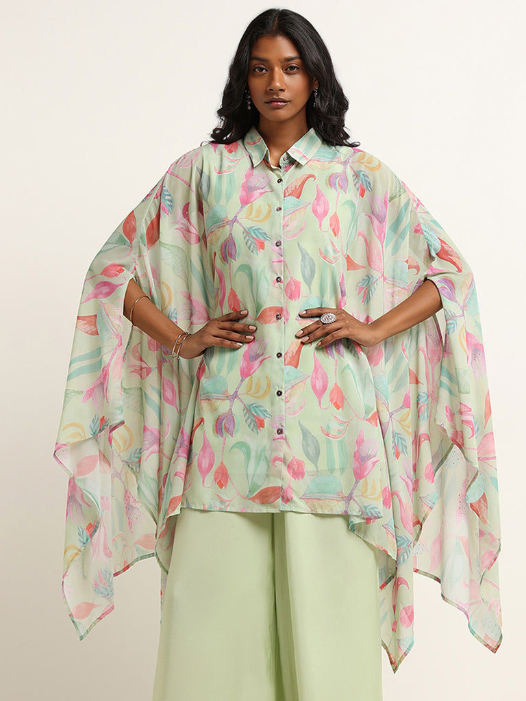 Vark Green Floral Design Kaftan, Inner and Palazzos Set