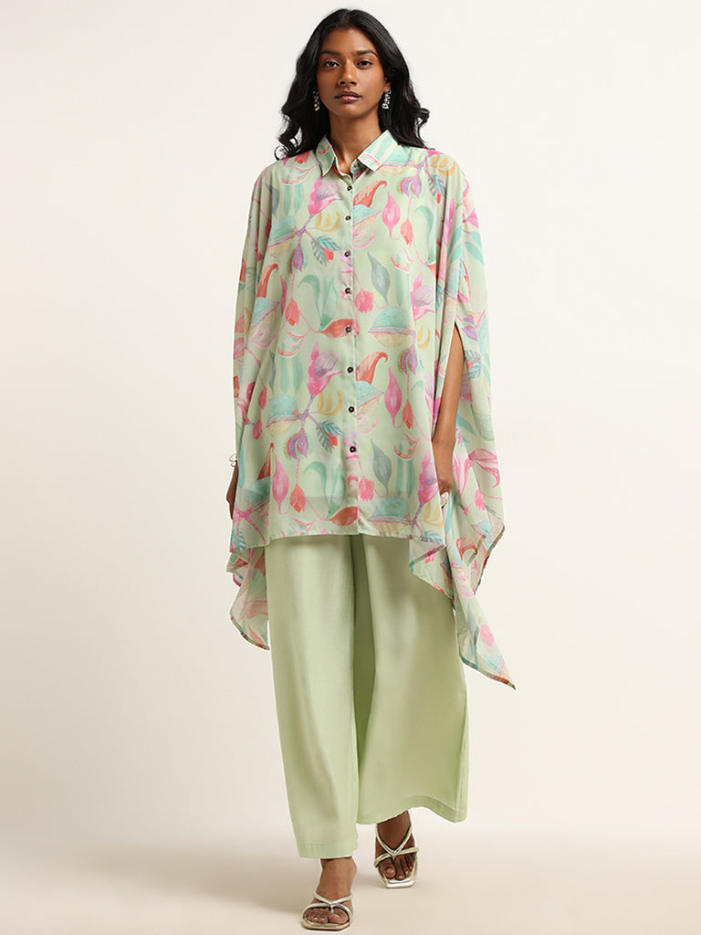 Vark Green Floral Design Kaftan, Inner and Palazzos Set