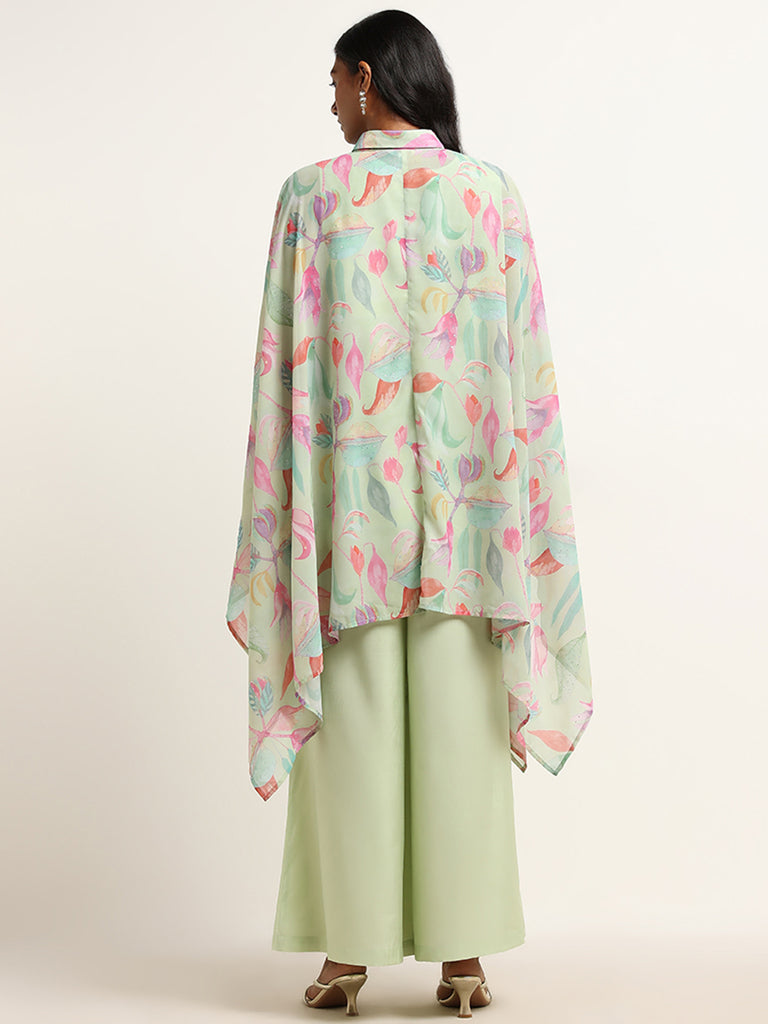 Vark Green Floral Design Kaftan, Inner and Palazzos Set