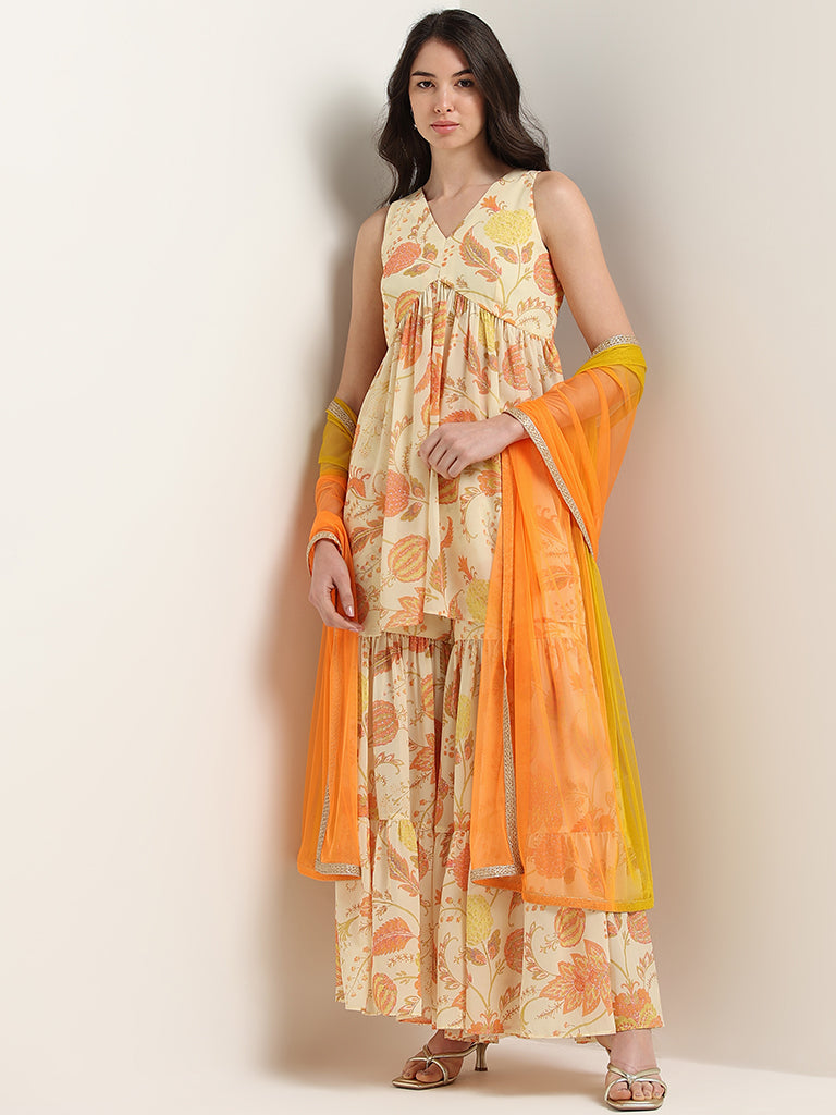 Vark Yellow Floral Printed Kurti, Sharara and Dupatta Set