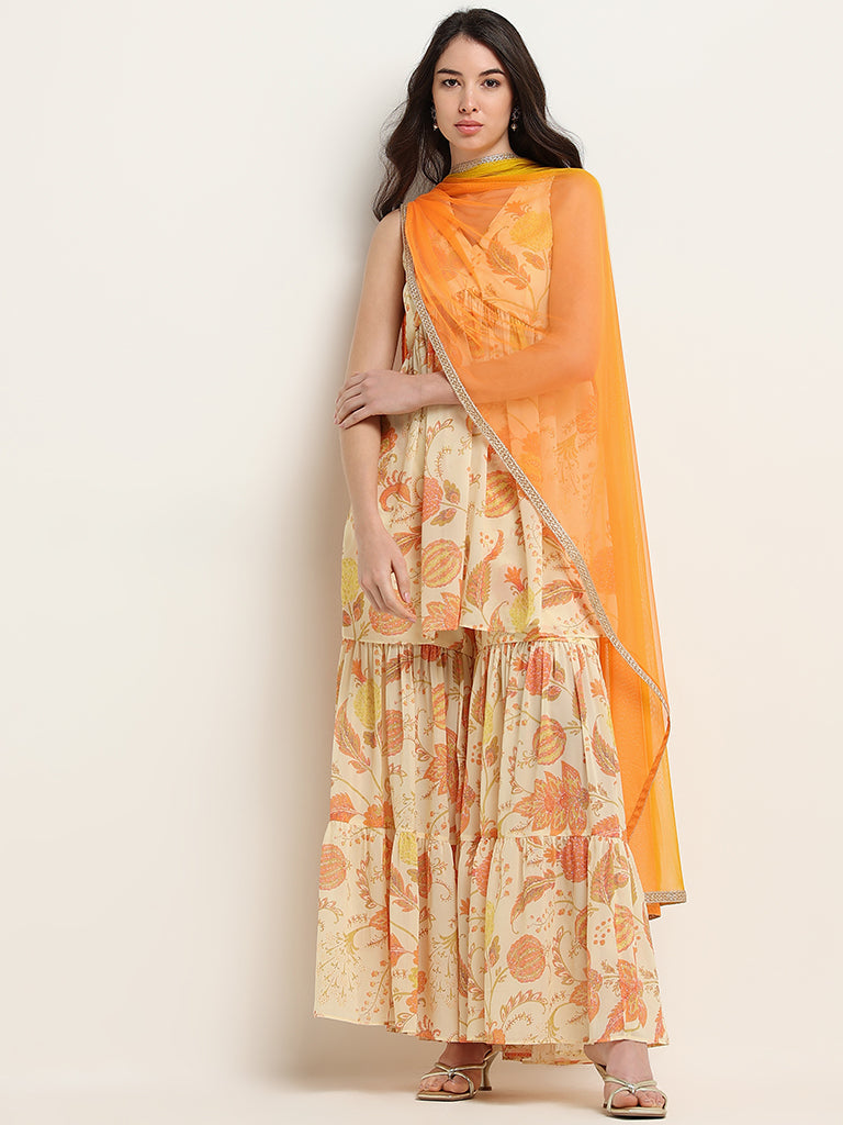 Vark Yellow Floral Printed Kurti, Sharara and Dupatta Set