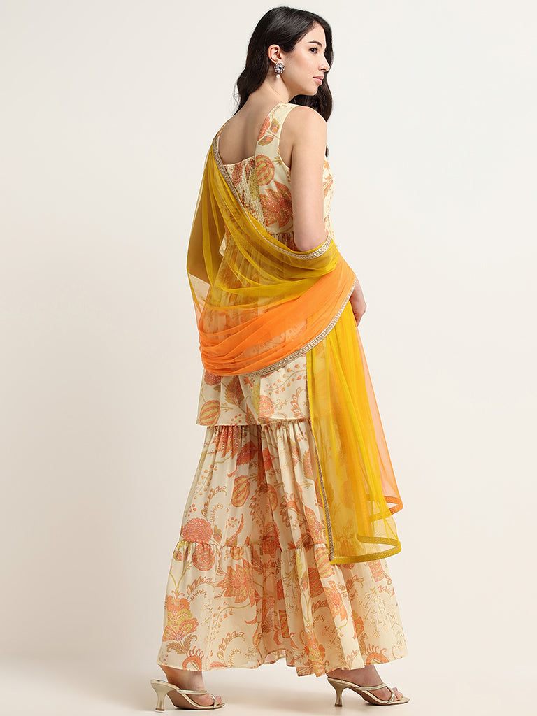 Vark Yellow Floral Printed Kurti, Sharara and Dupatta Set