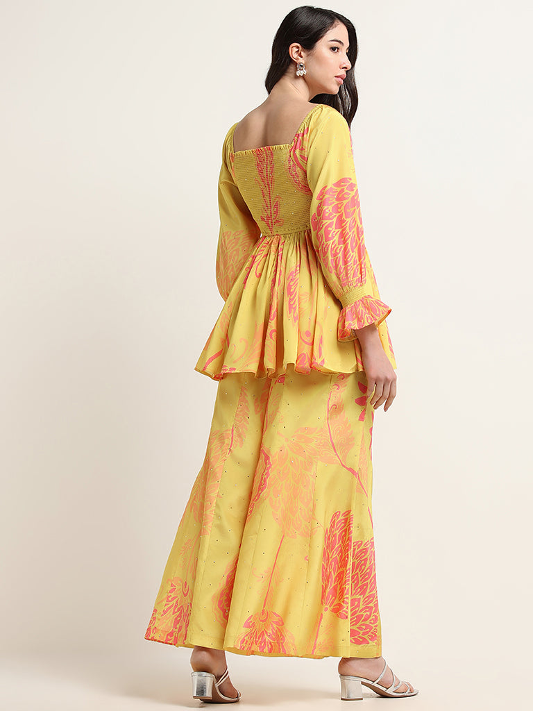 Vark Yellow Printed Peplum Top Set