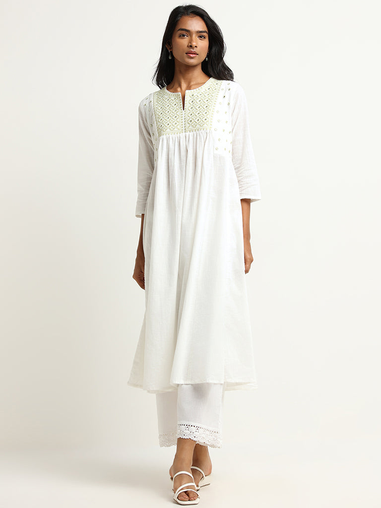 Utsa White Mirror-Work Cotton A-Line Kurta