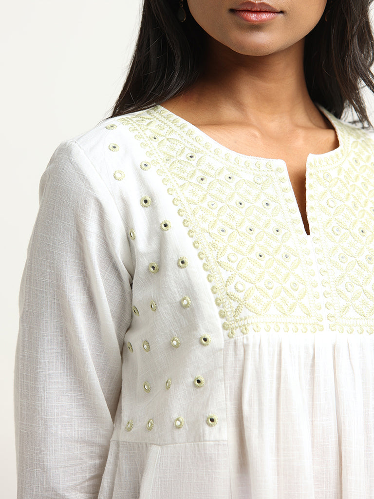 Utsa White Mirror-Work Cotton A-Line Kurta