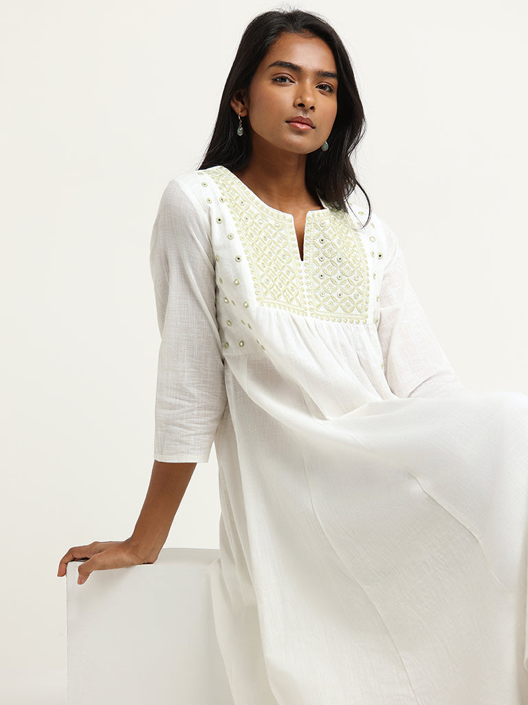 Utsa White Mirror-Work Cotton A-Line Kurta