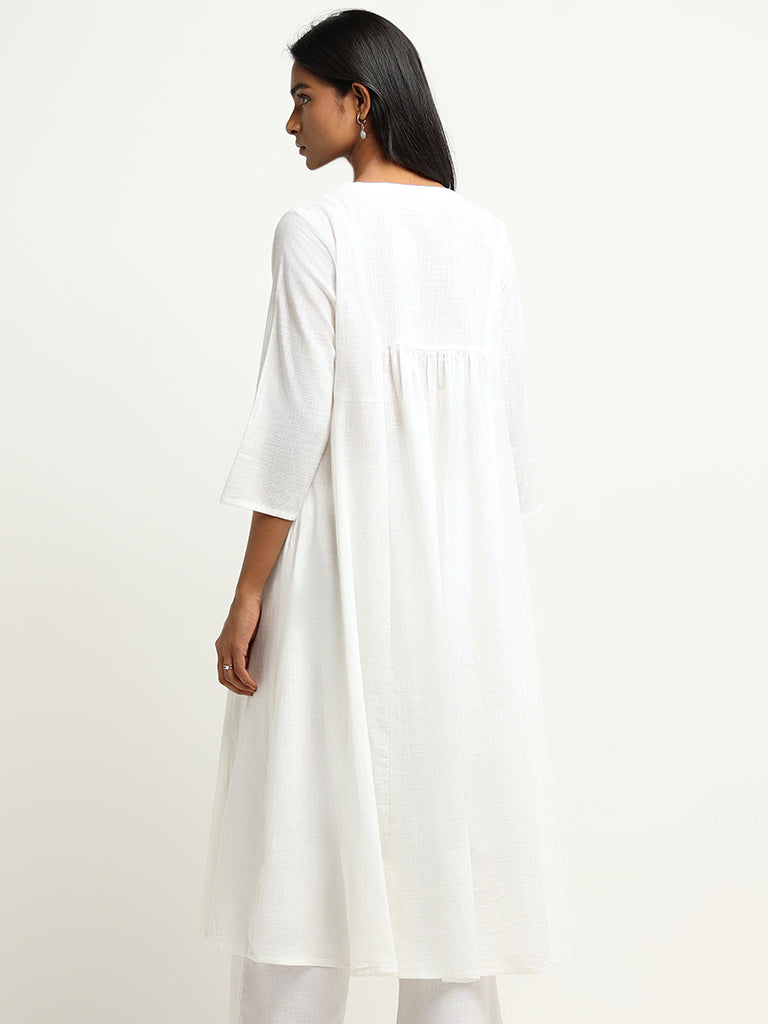 Utsa White Mirror-Work Cotton A-Line Kurta