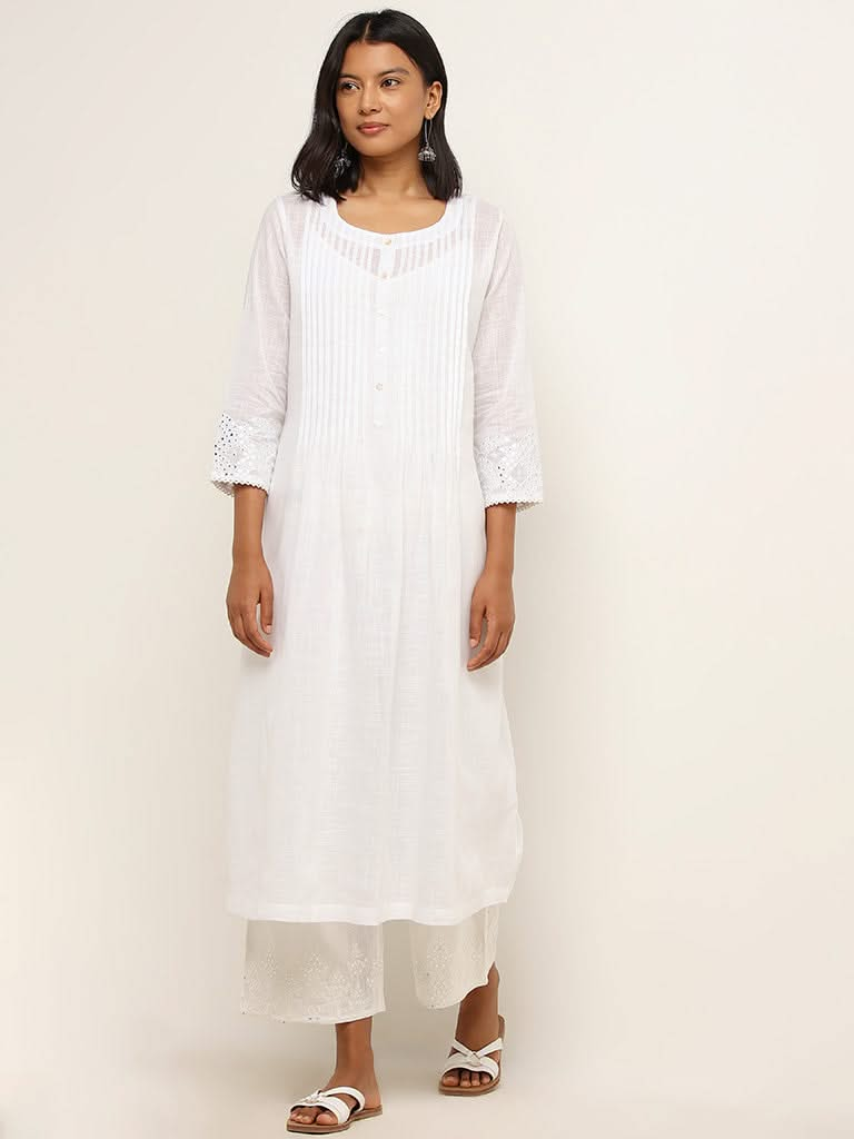 Utsa White Pintuck Detailed Cotton A-Line Kurta