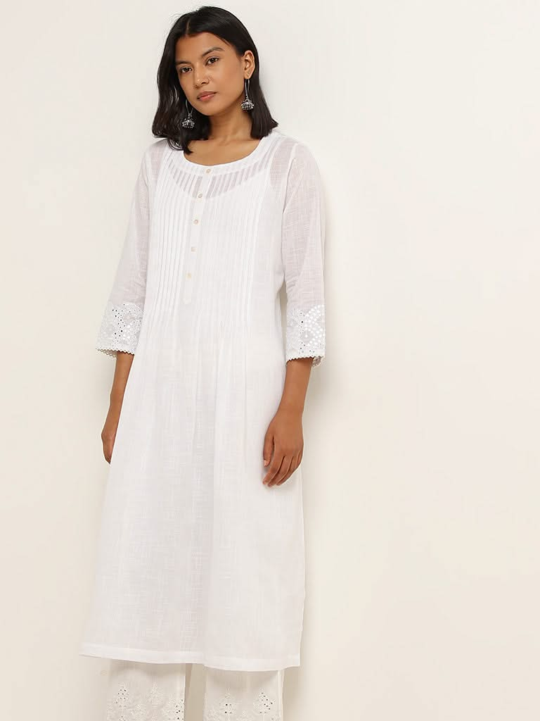 Utsa White Pintuck Detailed Cotton A-Line Kurta