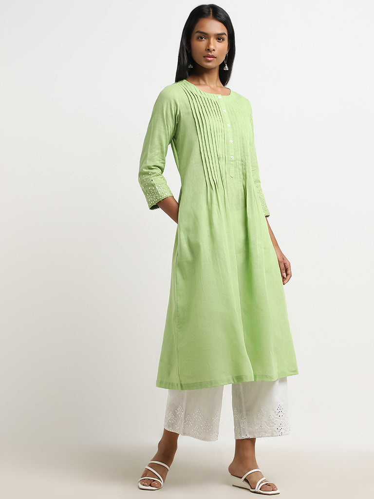 Utsa Green Pintuck Detailed Cotton A-Line Kurta