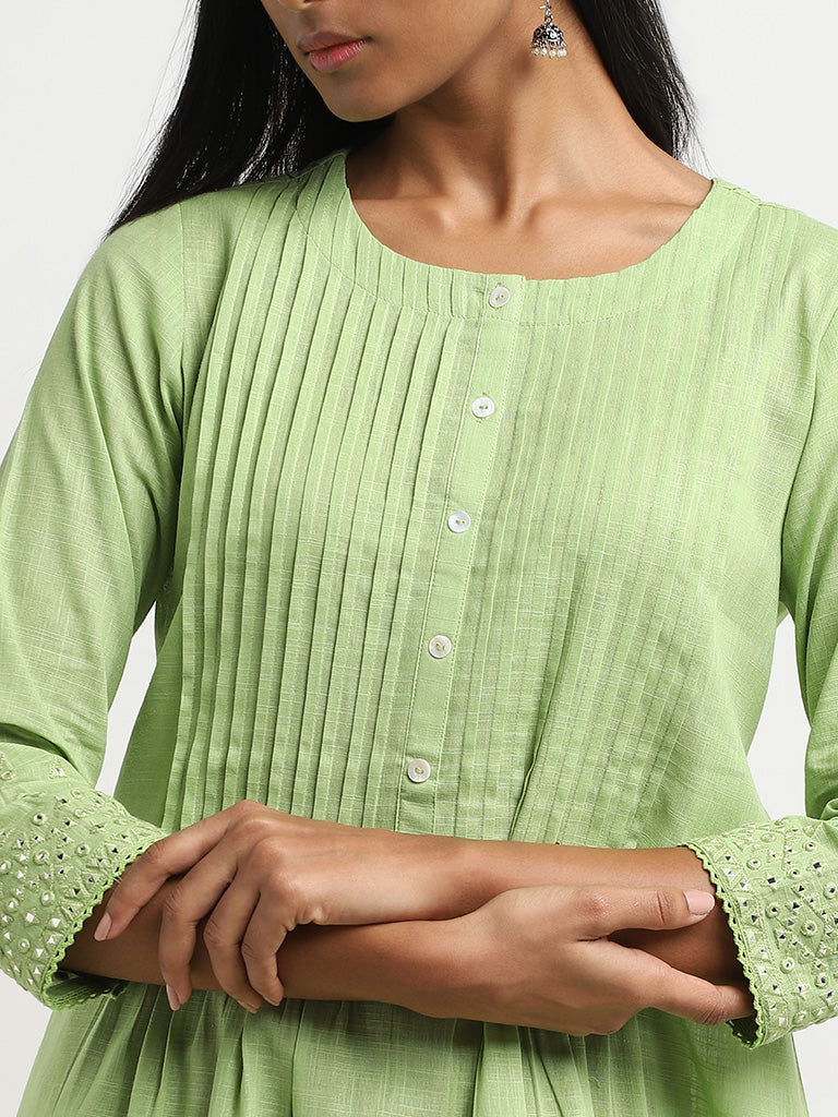 Utsa Green Pintuck Detailed Cotton A-Line Kurta