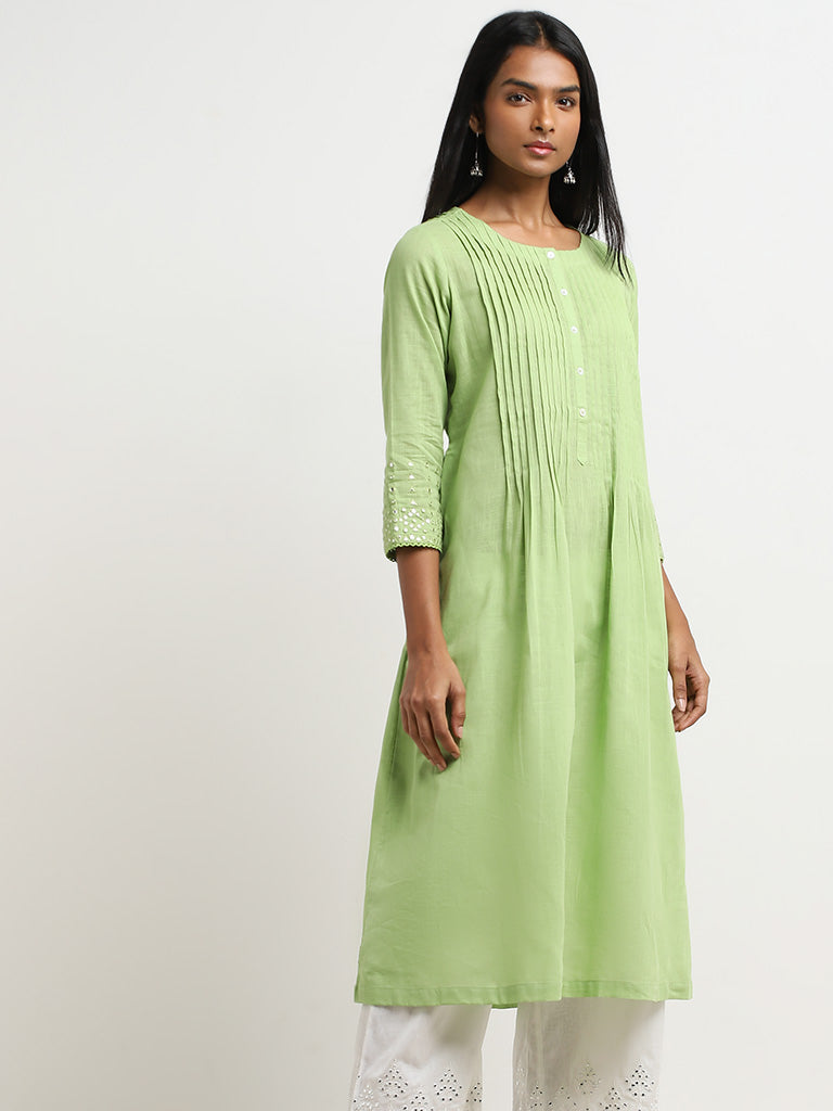 Utsa Green Pintuck Detailed Cotton A-Line Kurta