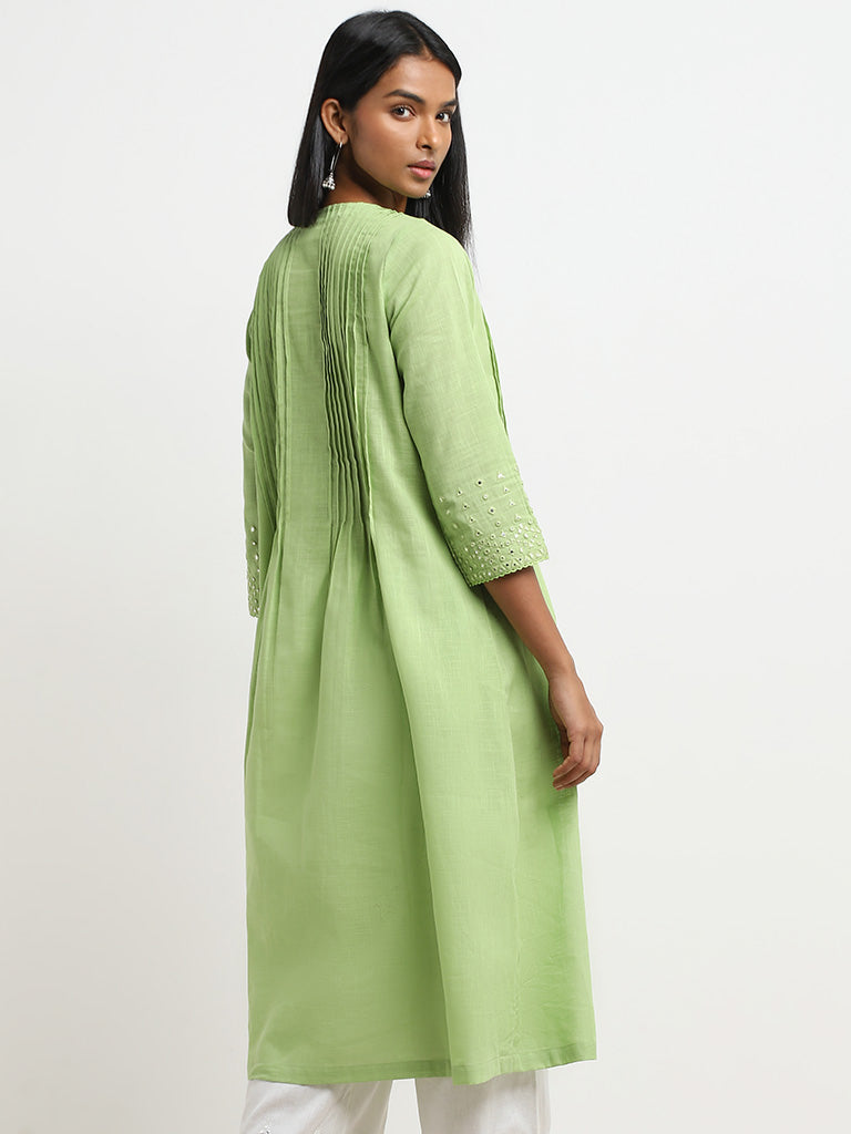 Utsa Green Pintuck Detailed Cotton A-Line Kurta